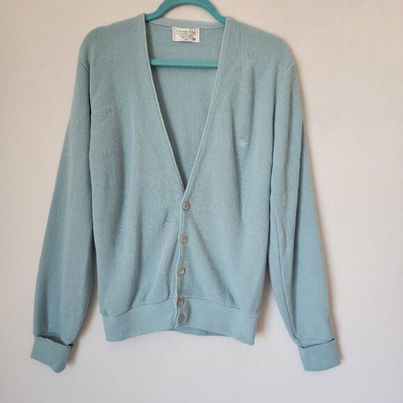 Vintage Christian Dior Made in USA Orlon Acrylic Cardigan Button Pale-Blue - Picture 1 of 10